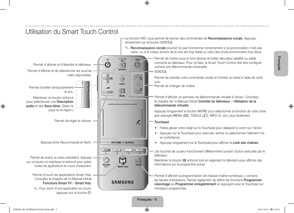 Utilisation du smart touch control | Samsung UE85S9SL User Manual | Page 29 / 97