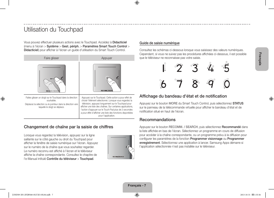 Utilisation du touchpad, Changement de chaîne par la saisie de chiffres, Affichage du bandeau d'état et de notification | Recommandations | Samsung UE85S9SL User Manual | Page 31 / 97