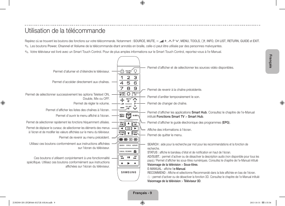 Utilisation de la télécommande | Samsung UE85S9SL User Manual | Page 33 / 97