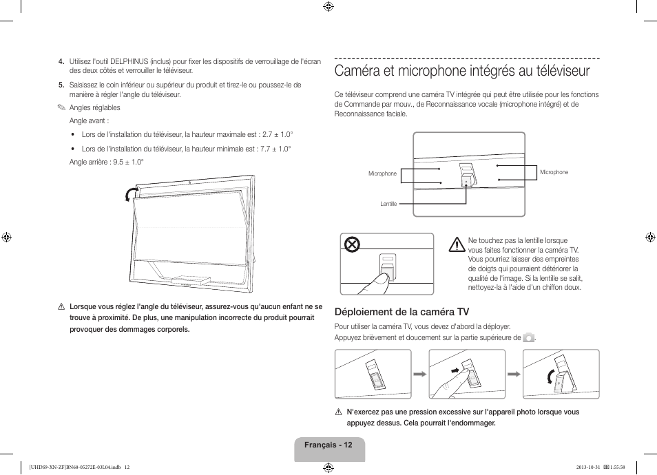 Caméra et microphone intégrés au téléviseur, 경고 주의 경고 주의, Déploiement de la caméra tv | Samsung UE85S9SL User Manual | Page 36 / 97