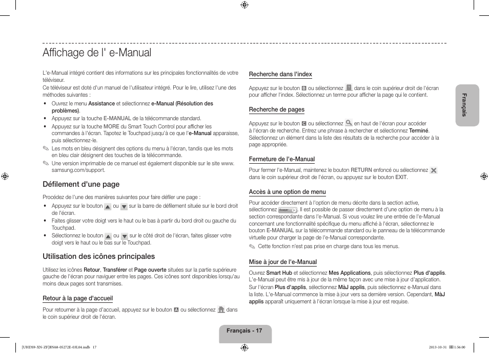 Affichage de l' e-manual, Défilement d'une page, Utilisation des icônes principales | Samsung UE85S9SL User Manual | Page 41 / 97