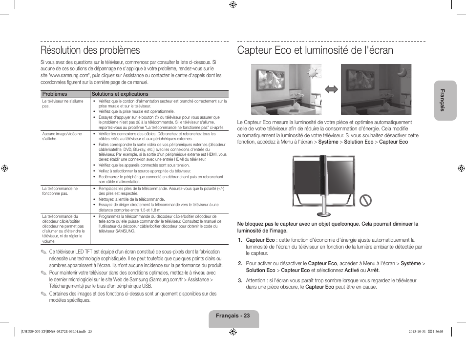 Résolution des problèmes, Capteur eco et luminosité de l'écran | Samsung UE85S9SL User Manual | Page 47 / 97