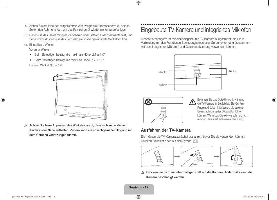 Eingebaute tv-kamera und integriertes mikrofon, 경고 주의 경고 주의, Ausfahren der tv-kamera | Samsung UE85S9SL User Manual | Page 60 / 97