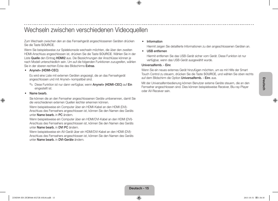 Wechseln zwischen verschiedenen videoquellen | Samsung UE85S9SL User Manual | Page 63 / 97