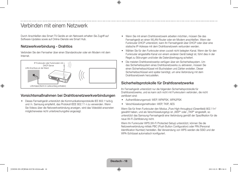 Verbinden mit einem netzwerk, Netzwerkverbindung - drahtlos, Sicherheitsprotokolle für drahtlosnetzwerke | Samsung UE85S9SL User Manual | Page 66 / 97