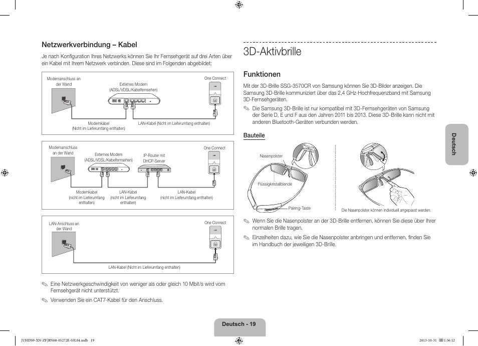 3d-aktivbrille, Netzwerkverbindung – kabel, Funktionen | Samsung UE85S9SL User Manual | Page 67 / 97