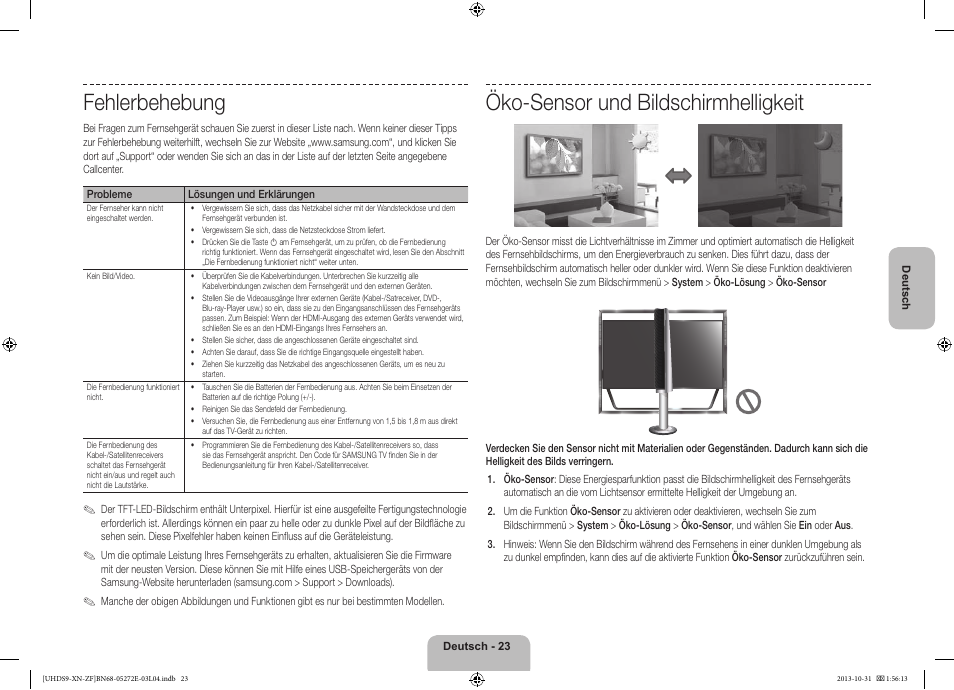 Fehlerbehebung, Öko-sensor und bildschirmhelligkeit | Samsung UE85S9SL User Manual | Page 71 / 97
