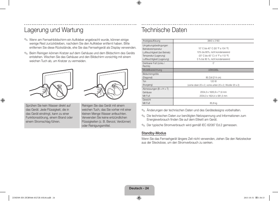 Technische daten, Lagerung und wartung | Samsung UE85S9SL User Manual | Page 72 / 97