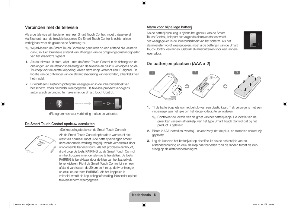 Verbinden met de televisie, De batterijen plaatsen (aaa x 2) | Samsung UE85S9SL User Manual | Page 78 / 97