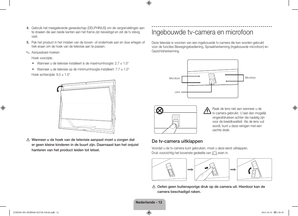 Ingebouwde tv-camera en microfoon, 경고 주의 경고 주의, De tv-camera uitklappen | Samsung UE85S9SL User Manual | Page 84 / 97