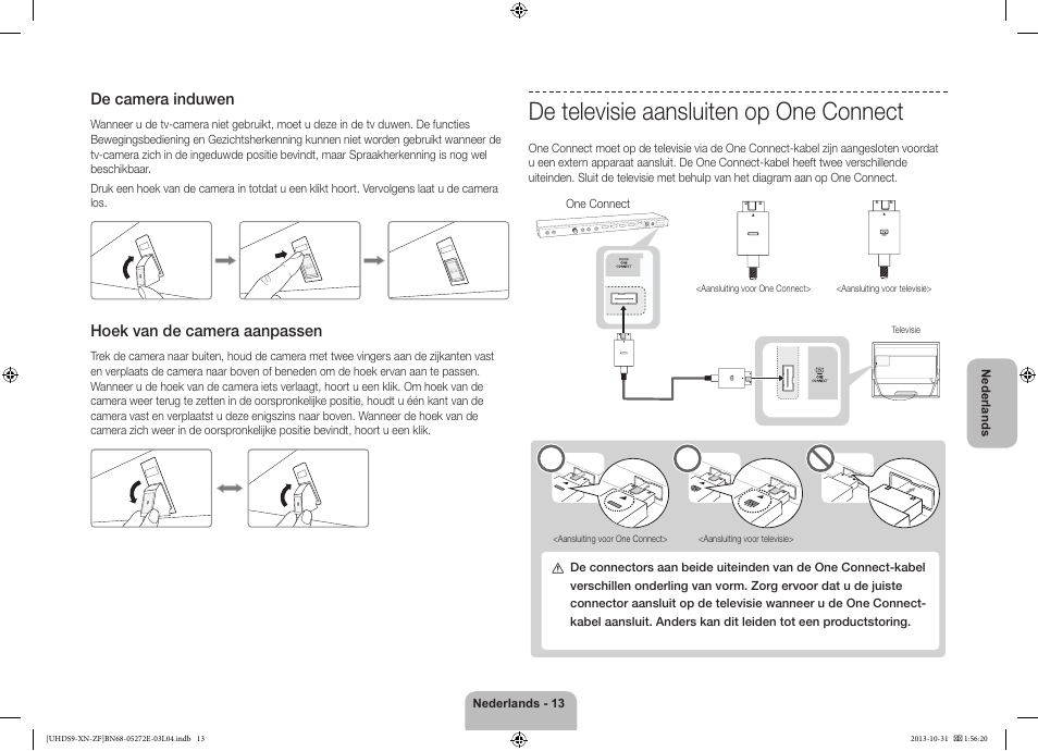 De televisie aansluiten op one connect, De camera induwen, Hoek van de camera aanpassen | Samsung UE85S9SL User Manual | Page 85 / 97