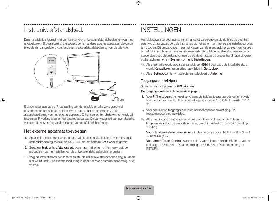 Inst. univ. afstandsbed, Instellingen | Samsung UE85S9SL User Manual | Page 86 / 97