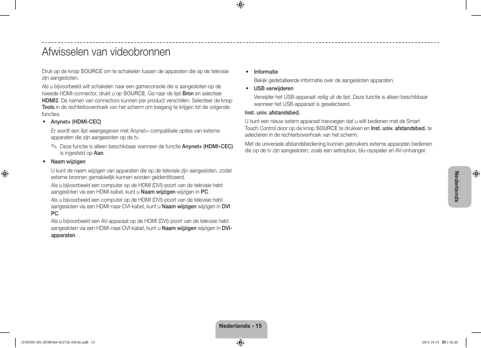 Afwisselen van videobronnen | Samsung UE85S9SL User Manual | Page 87 / 97