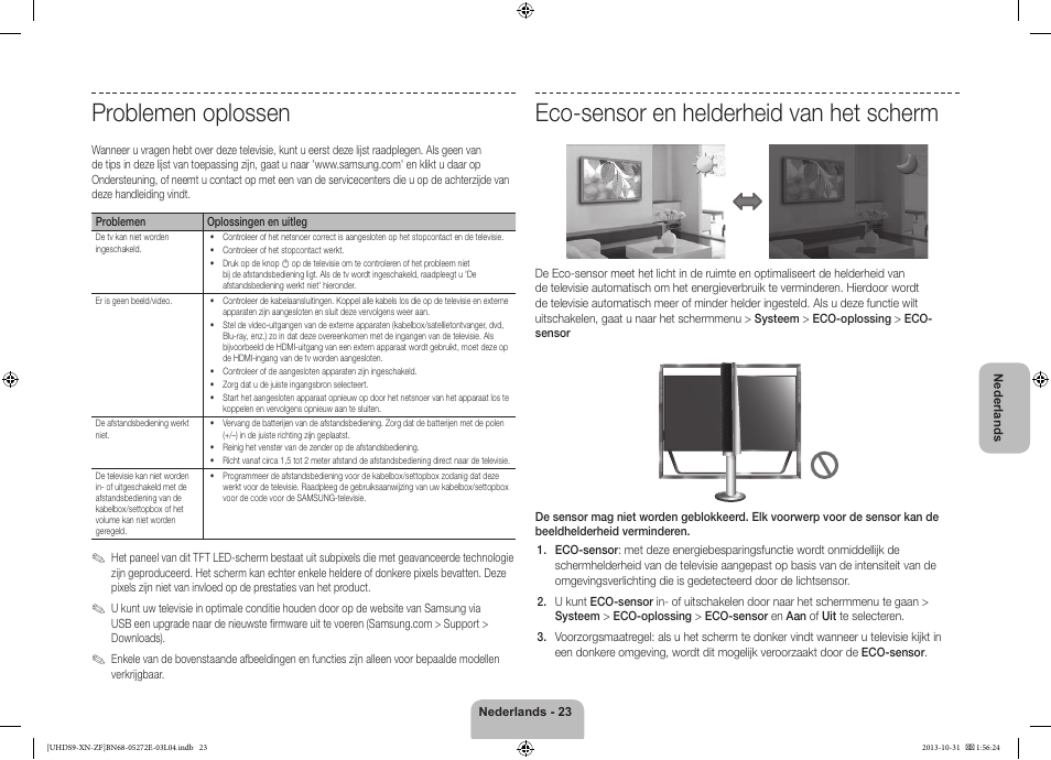 Problemen oplossen, Eco-sensor en helderheid van het scherm | Samsung UE85S9SL User Manual | Page 95 / 97