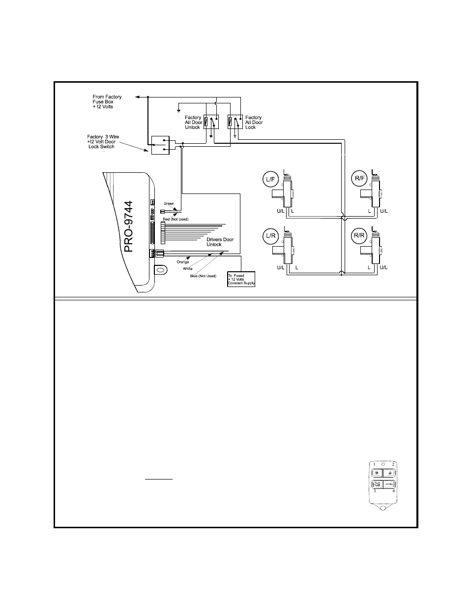 Typical 3 wire + 12 volt switched door lock/unlock | Audiovox PRO-9744 User Manual | Page 9 / 14