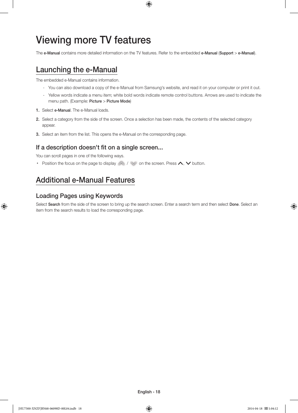 Viewing more tv features, Launching the e-manual, Additional e-manual features | If a description doesn't fit on a single screen, Loading pages using keywords | Samsung UE55HU7500L User Manual | Page 18 / 97