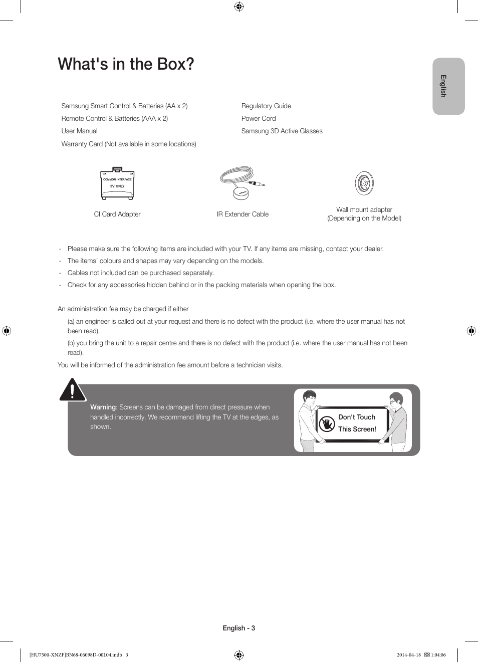 What's in the box | Samsung UE55HU7500L User Manual | Page 3 / 97