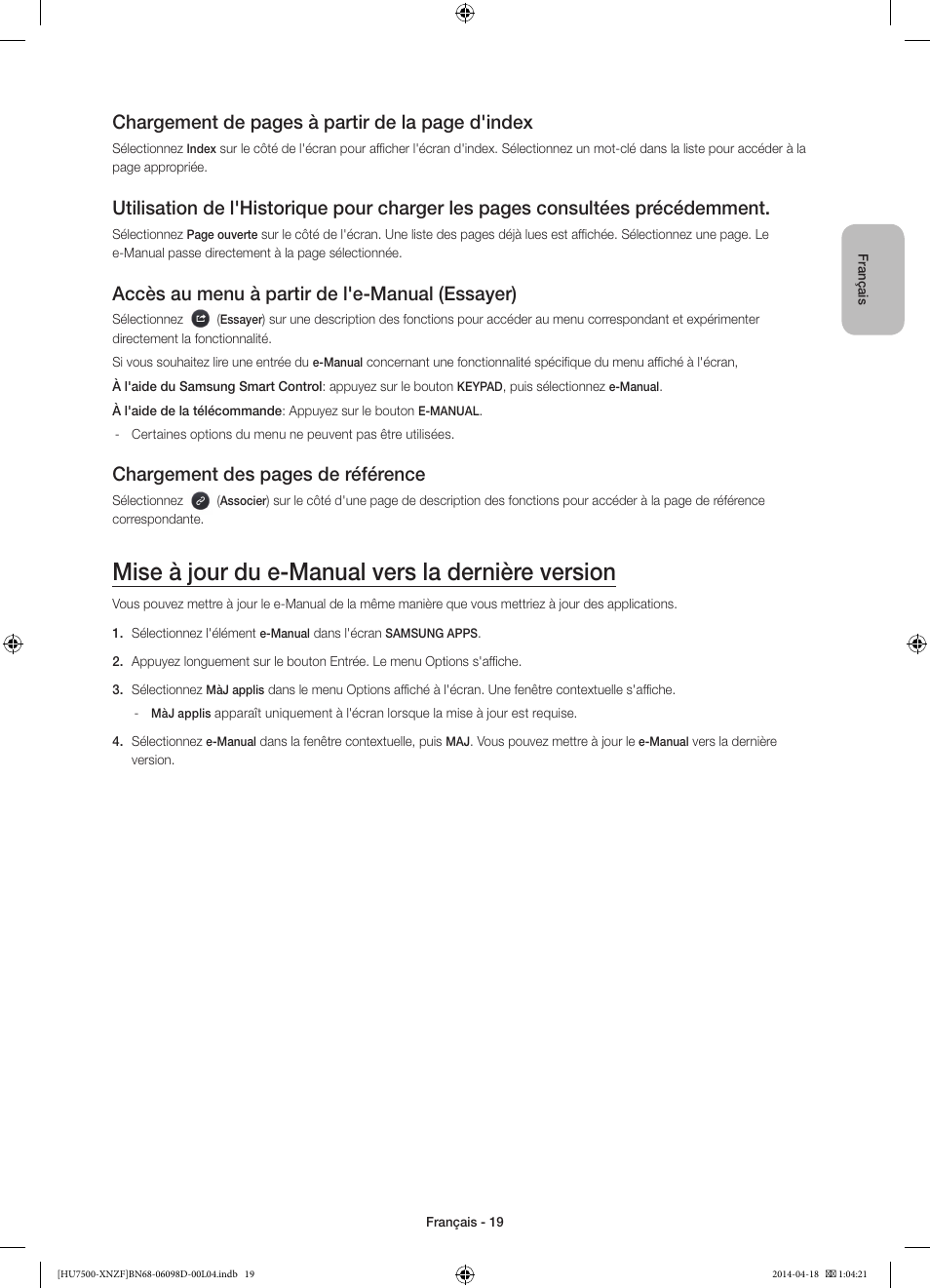 Mise à jour du e-manual vers la dernière version, Chargement de pages à partir de la page d'index, Accès au menu à partir de l'e-manual (essayer) | Chargement des pages de référence | Samsung UE55HU7500L User Manual | Page 43 / 97