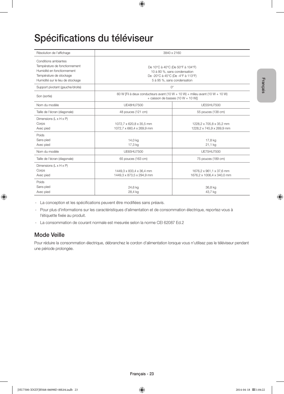 Spécifications du téléviseur, Mode veille | Samsung UE55HU7500L User Manual | Page 47 / 97