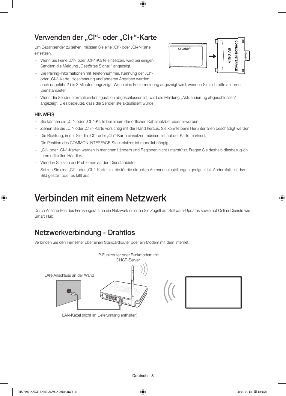 Verbinden mit einem netzwerk, Verwenden der „ci“- oder „ci+“-karte, Netzwerkverbindung - drahtlos | Samsung UE55HU7500L User Manual | Page 56 / 97