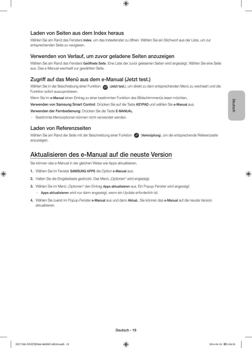 Aktualisieren des e-manual auf die neuste version, Laden von seiten aus dem index heraus, Laden von referenzseiten | Samsung UE55HU7500L User Manual | Page 67 / 97