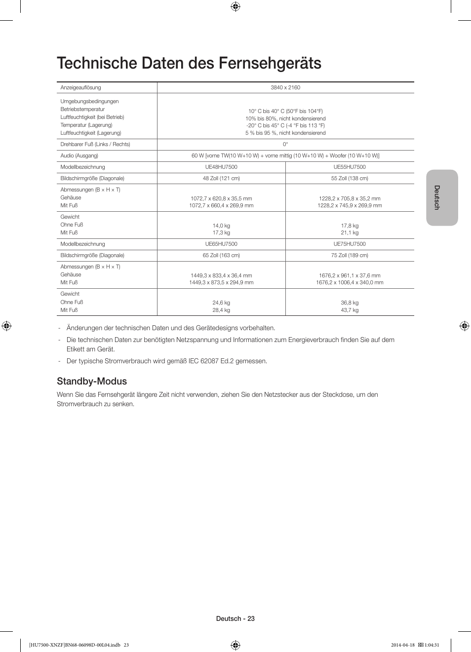 Technische daten des fernsehgeräts, Standby-modus | Samsung UE55HU7500L User Manual | Page 71 / 97