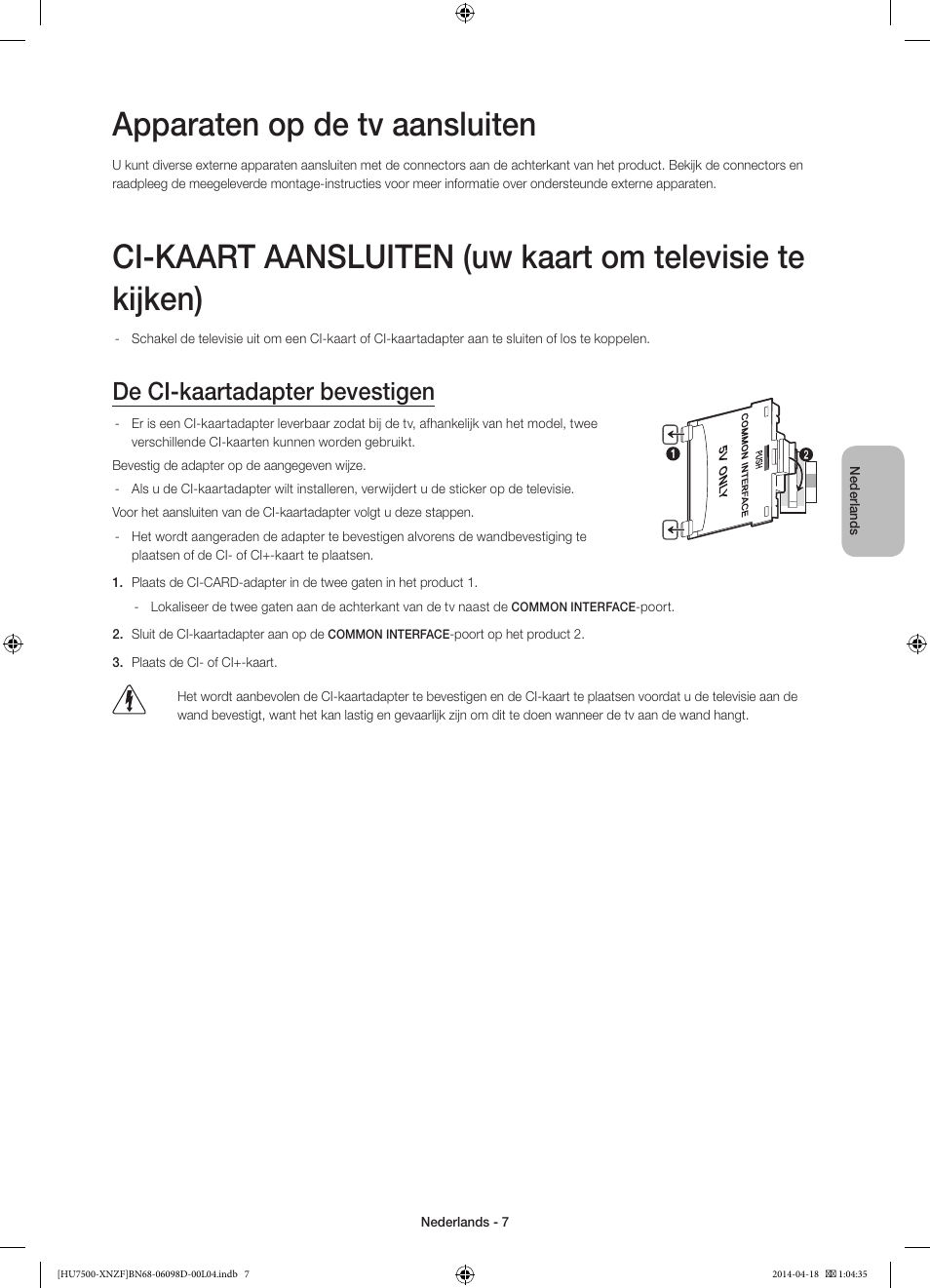 Apparaten op de tv aansluiten, De ci-kaartadapter bevestigen | Samsung UE55HU7500L User Manual | Page 79 / 97