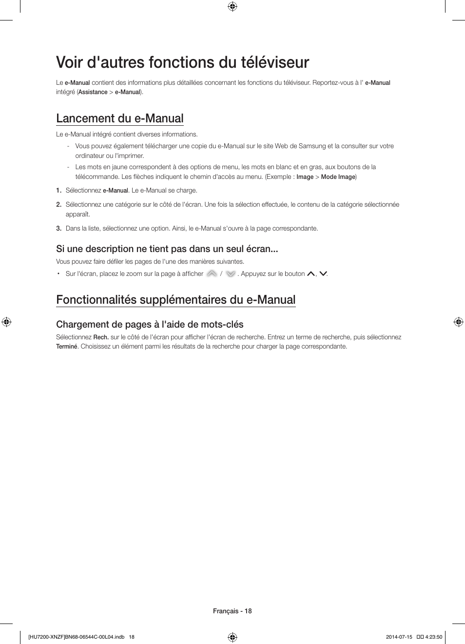 Voir d'autres fonctions du téléviseur, Lancement du e-manual, Fonctionnalités supplémentaires du e-manual | Si une description ne tient pas dans un seul écran, Chargement de pages à l'aide de mots-clés | Samsung UE65HU7200S User Manual | Page 42 / 97