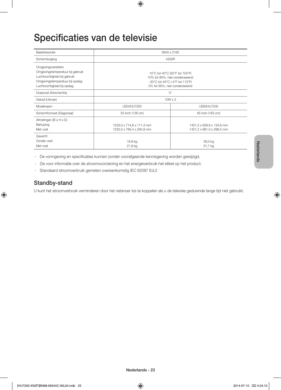 Specificaties van de televisie, Standby-stand | Samsung UE65HU7200S User Manual | Page 95 / 97
