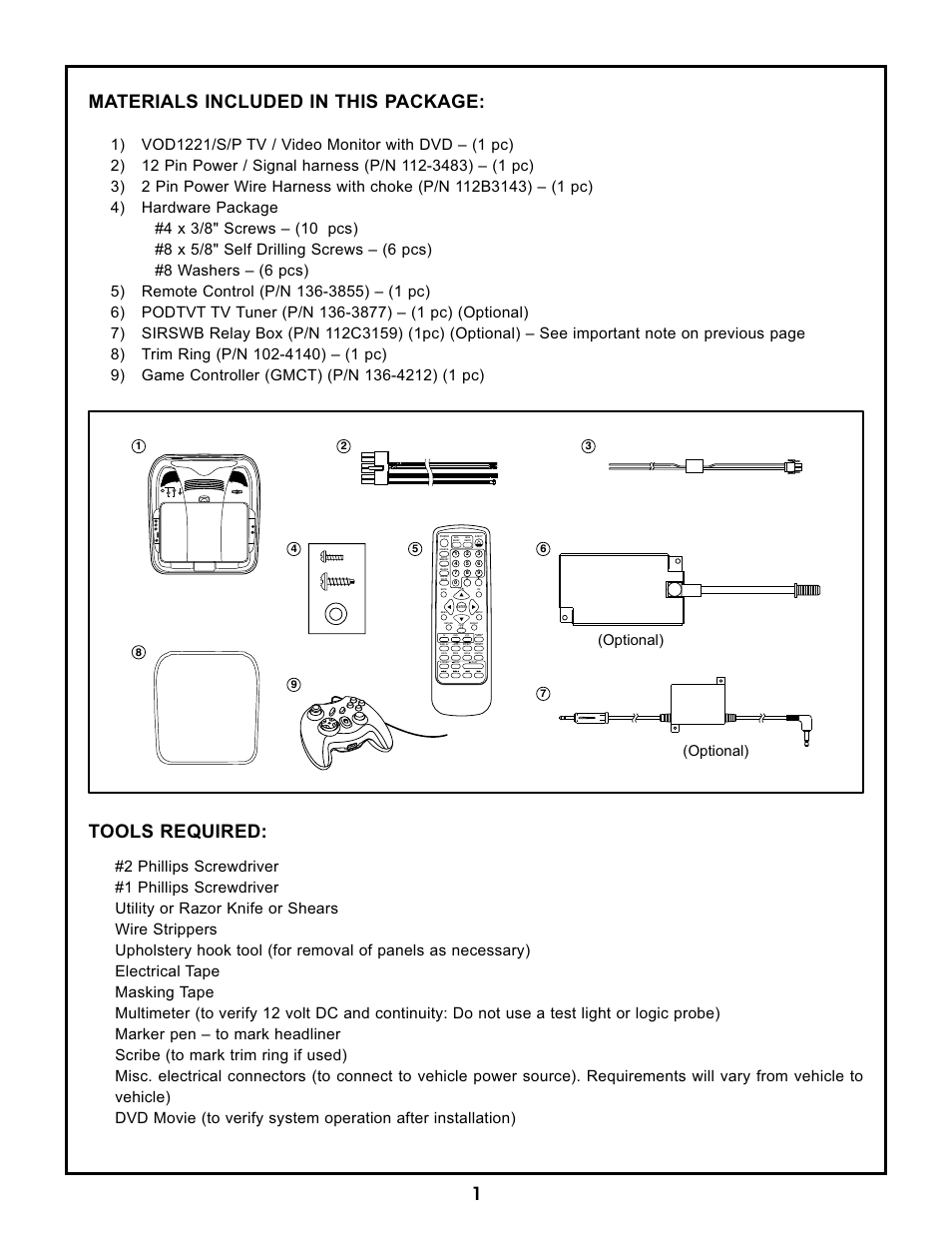 1materials included in this package, Tools required, Optional) | Channel select fmm on/off, Source select screen mode | Audiovox VOD1221 P User Manual | Page 3 / 11