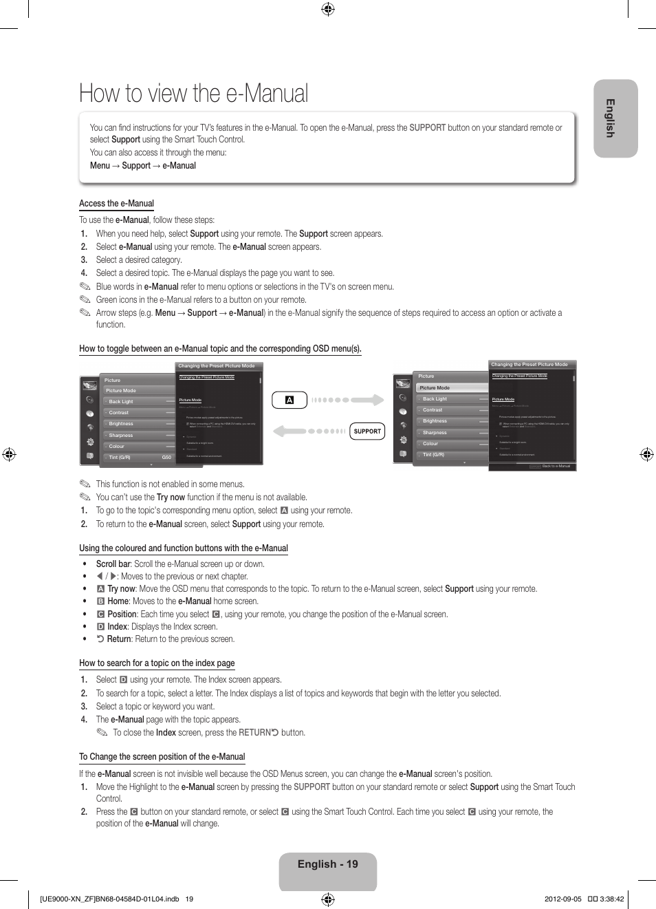 How to view the e-manual, English - 19 english, This function is not enabled in some menus | Samsung UE75ES9000S User Manual | Page 19 / 93