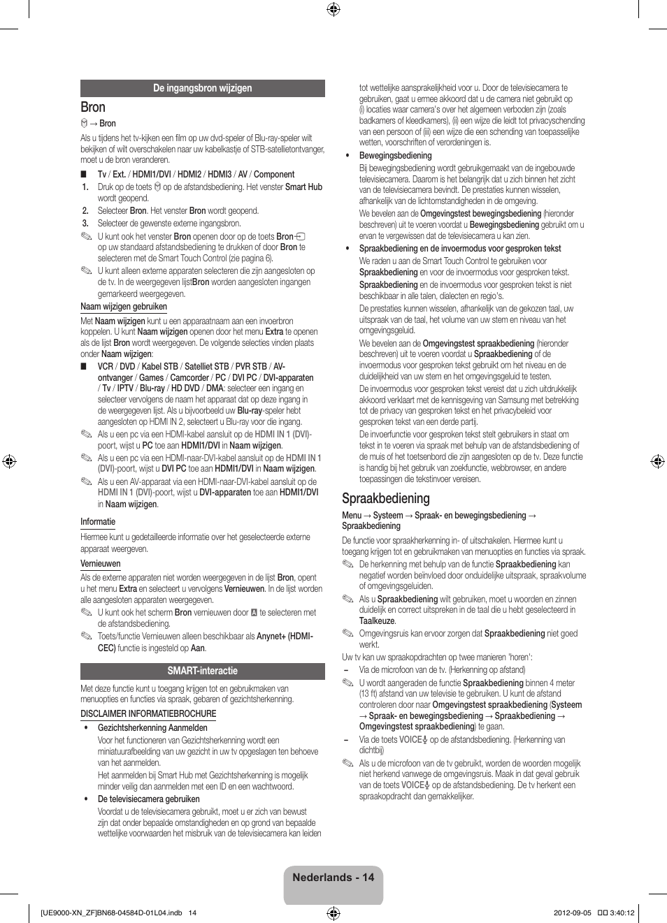 Bron, Spraakbediening | Samsung UE75ES9000S User Manual | Page 83 / 93