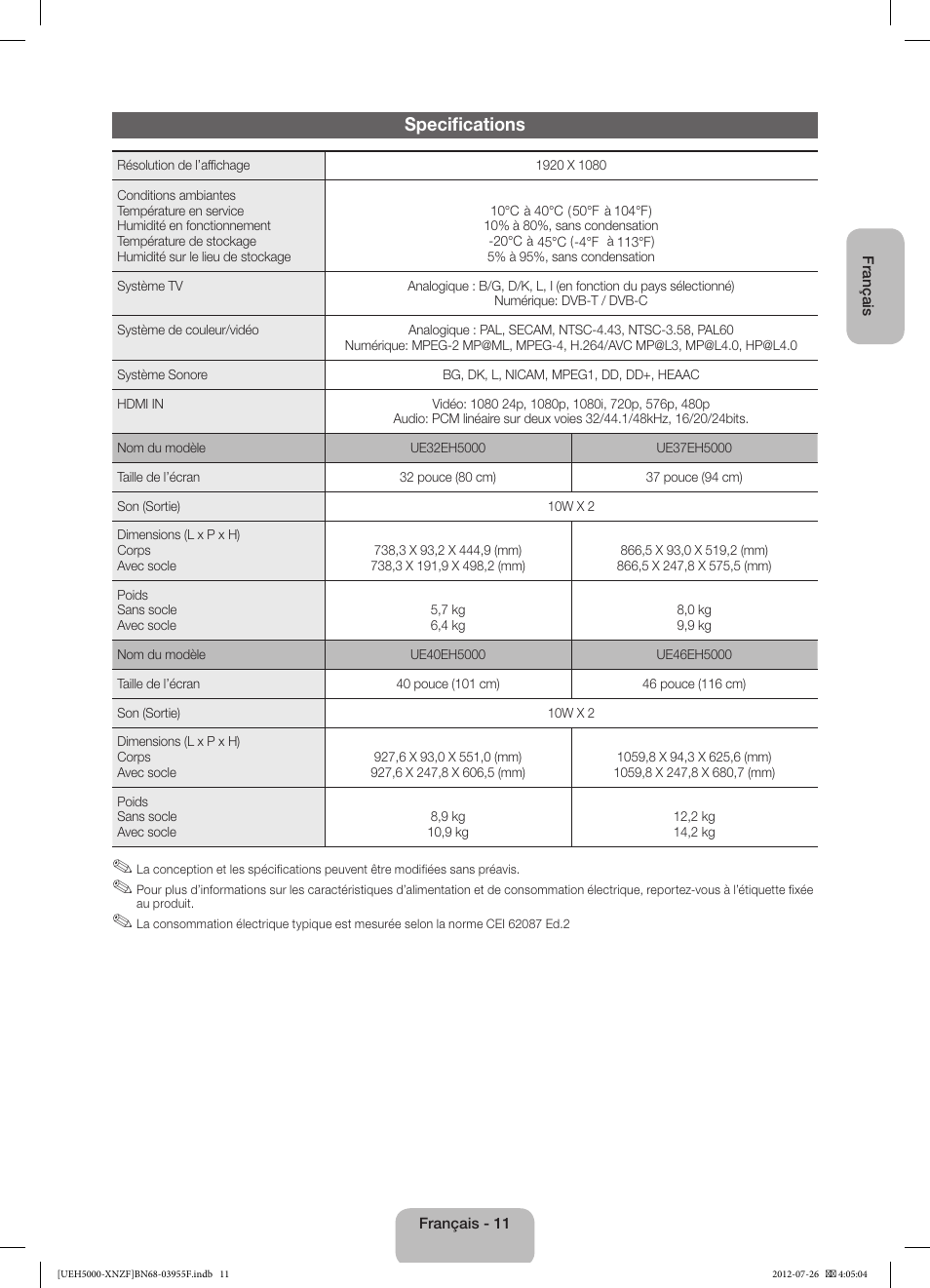Specifications | Samsung UE40EH5000W User Manual | Page 23 / 49