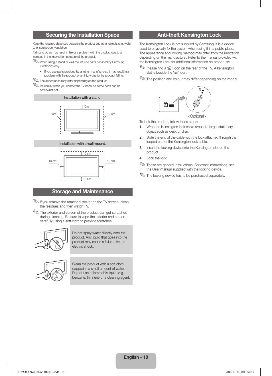 Securing the installation space, Storage and maintenance, Anti-theft kensington lock | Samsung PS43F4900AW User Manual | Page 18 / 81