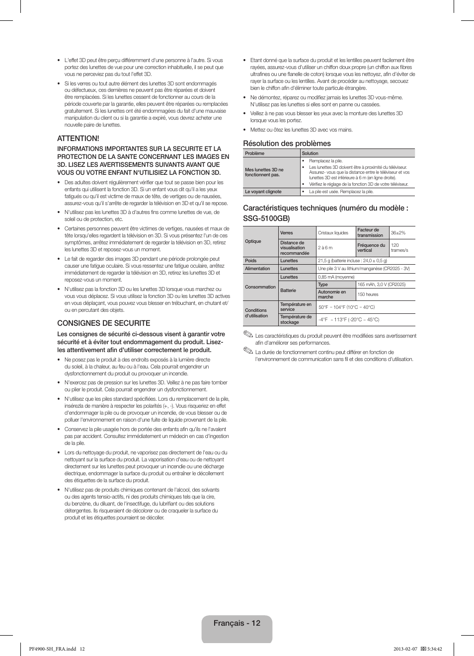 Attention, Consignes de securite, Résolution des problèmes | Français - 12 | Samsung PS43F4900AW User Manual | Page 32 / 81