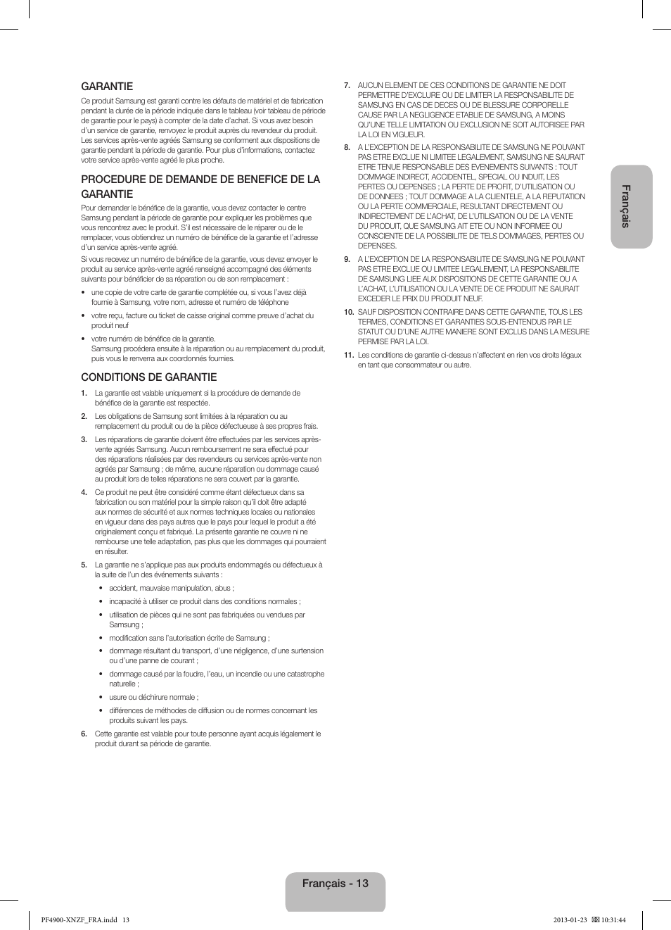 Français garantie, Procedure de demande de benefice de la garantie, Conditions de garantie | Français - 13 | Samsung PS43F4900AW User Manual | Page 33 / 81