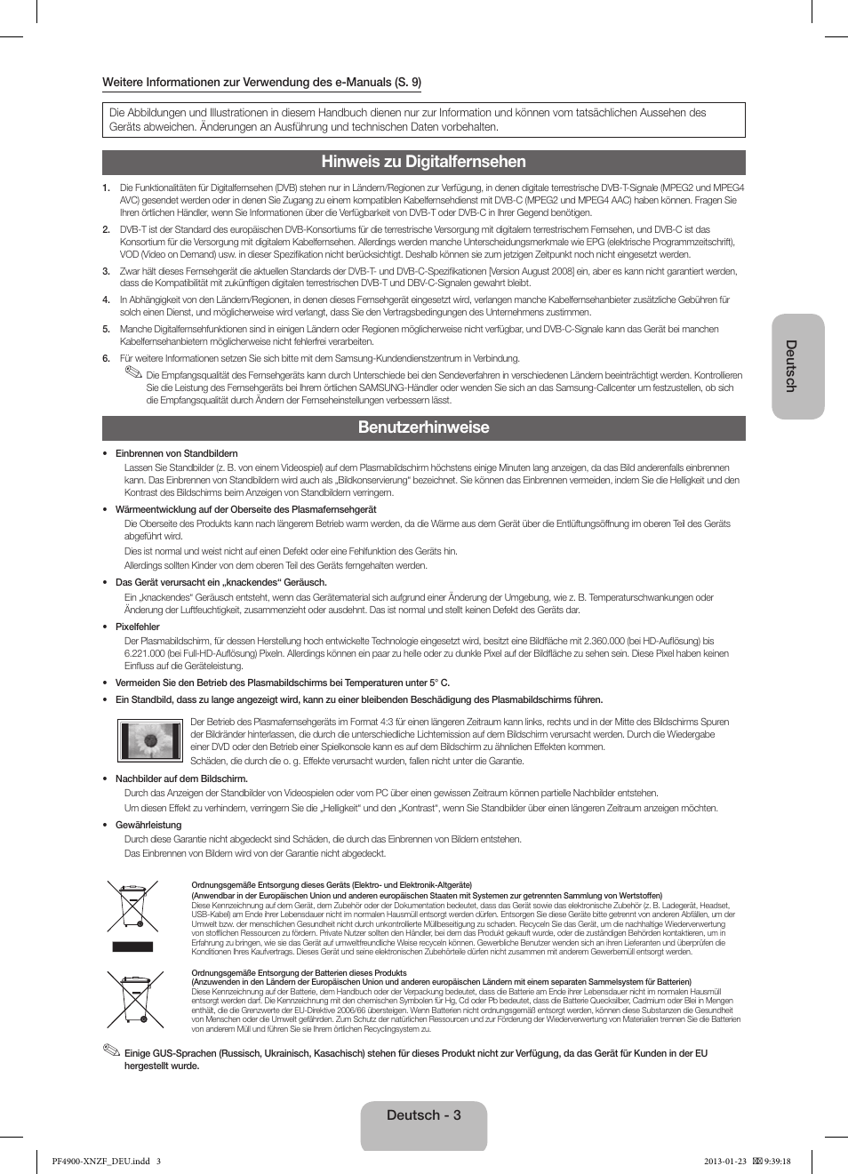 Hinweis zu digitalfernsehen, Benutzerhinweise | Samsung PS43F4900AW User Manual | Page 43 / 81