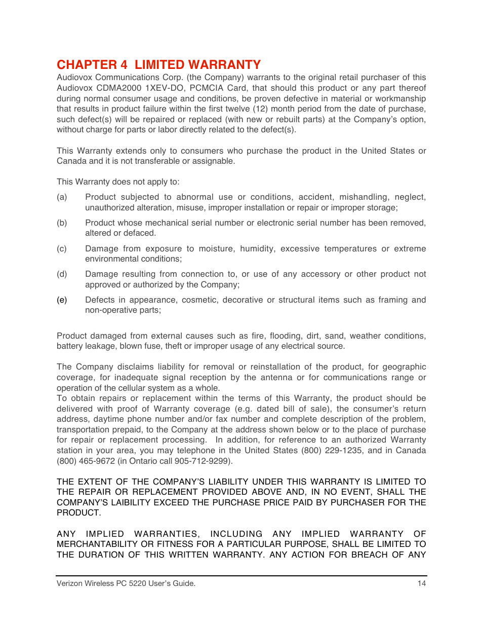 Chapter 4 limited warranty | Audiovox PC CARD PC 5220 User Manual | Page 14 / 15