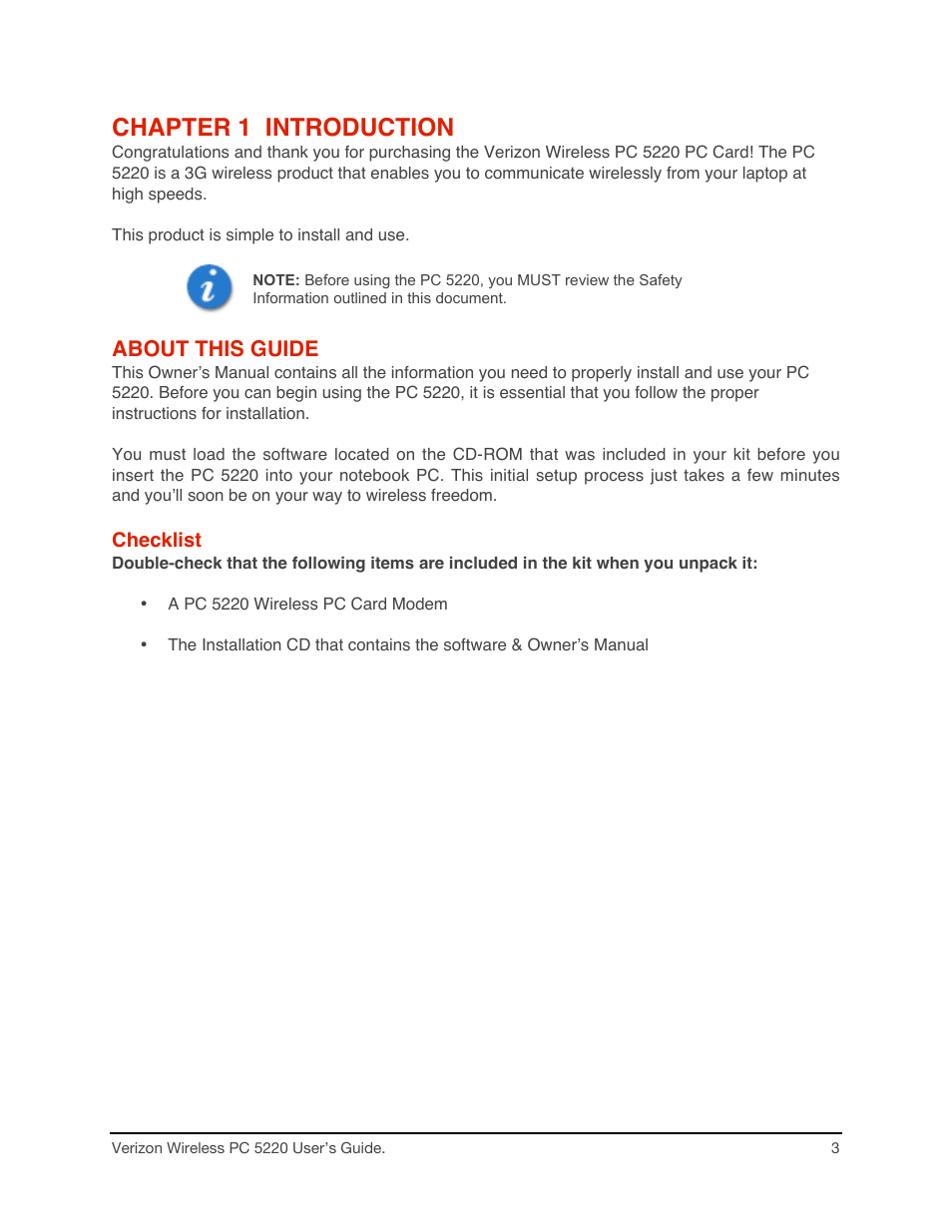 Chapter 1 introduction, About this guide | Audiovox PC CARD PC 5220 User Manual | Page 3 / 15