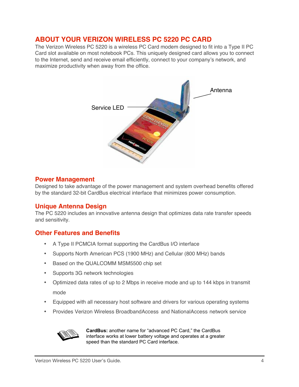 About your verizon wireless pc 5220 pc card, Power management, Unique antenna design | Other features and benefits | Audiovox PC CARD PC 5220 User Manual | Page 4 / 15