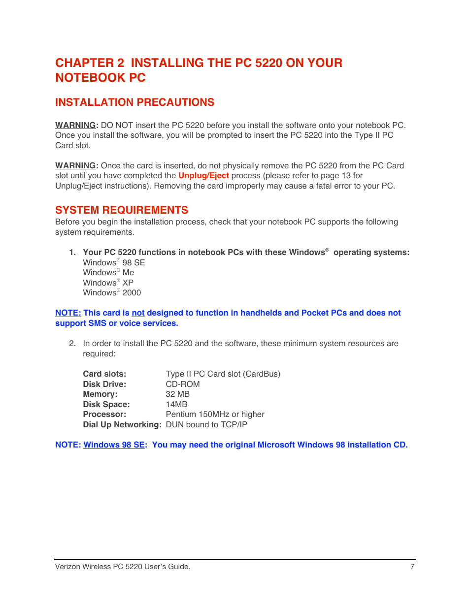 Installation precautions, System requirements | Audiovox PC CARD PC 5220 User Manual | Page 7 / 15