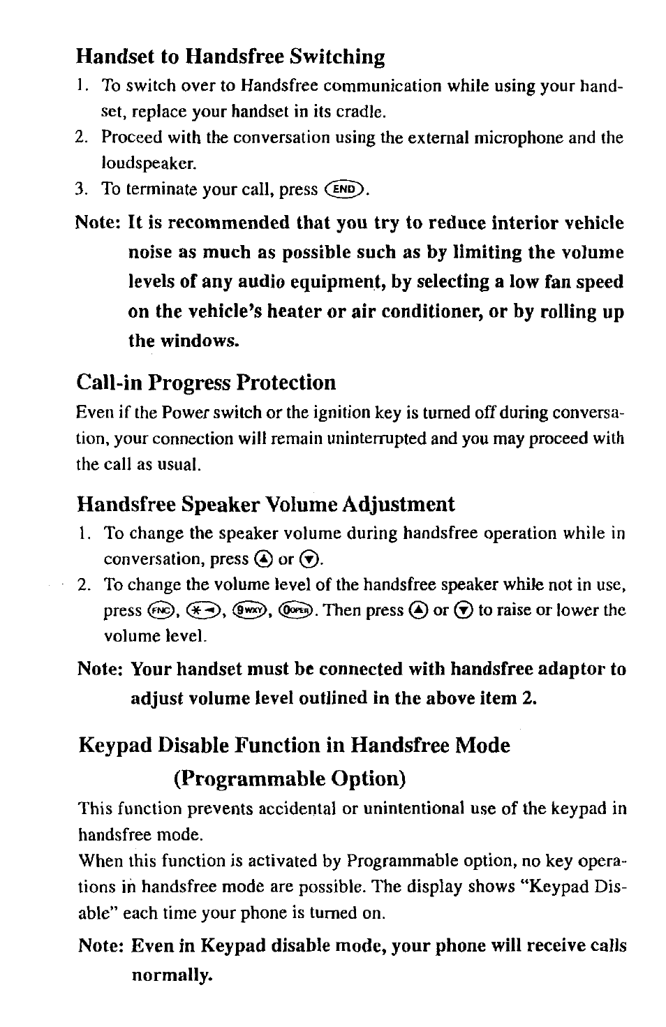 Handset to handsfree switching, Call-in progress protection, Handsfree speaker volume adjustment | Audiovox HF505 User Manual | Page 3 / 4