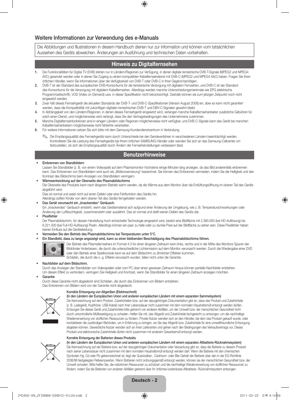 Weitere informationen zur verwendung des e-manuals, Hinweis zu digitalfernsehen, Benutzerhinweise | Samsung PS51D450A2W User Manual | Page 38 / 74