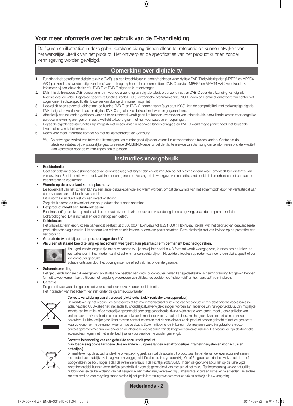 Opmerking over digitale tv, Instructies voor gebruik | Samsung PS51D450A2W User Manual | Page 56 / 74