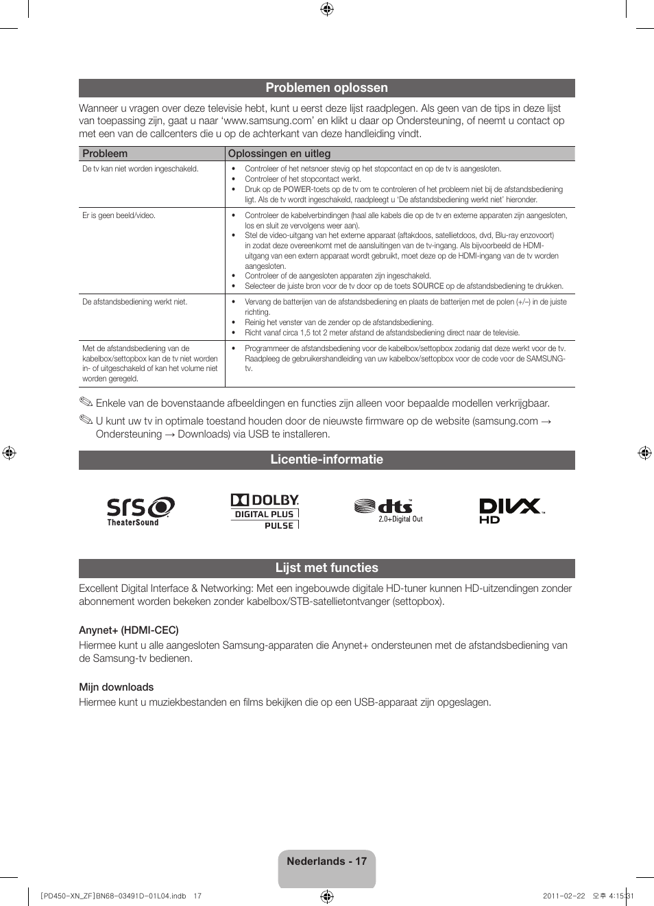 Problemen oplossen, Licentie-informatie lijst met functies | Samsung PS51D450A2W User Manual | Page 71 / 74