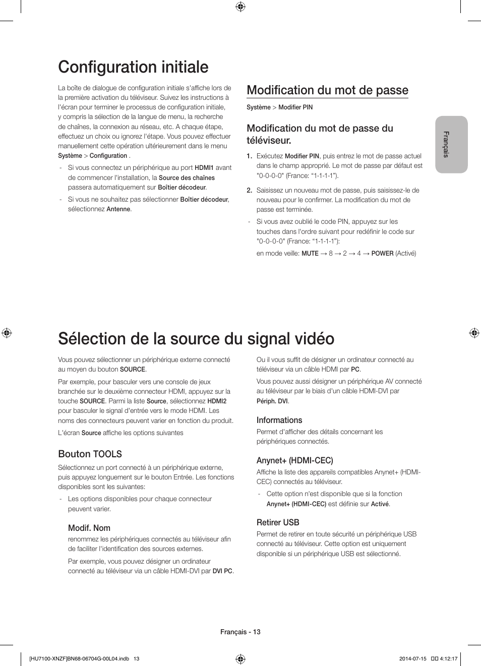 Configuration initiale, Sélection de la source du signal vidéo, Modification du mot de passe | Modification du mot de passe du téléviseur, Bouton, Tools | Samsung UE55HU7100S User Manual | Page 33 / 82