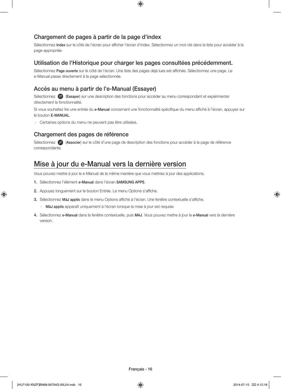 Mise à jour du e-manual vers la dernière version, Chargement de pages à partir de la page d'index, Accès au menu à partir de l'e-manual (essayer) | Chargement des pages de référence | Samsung UE55HU7100S User Manual | Page 36 / 82