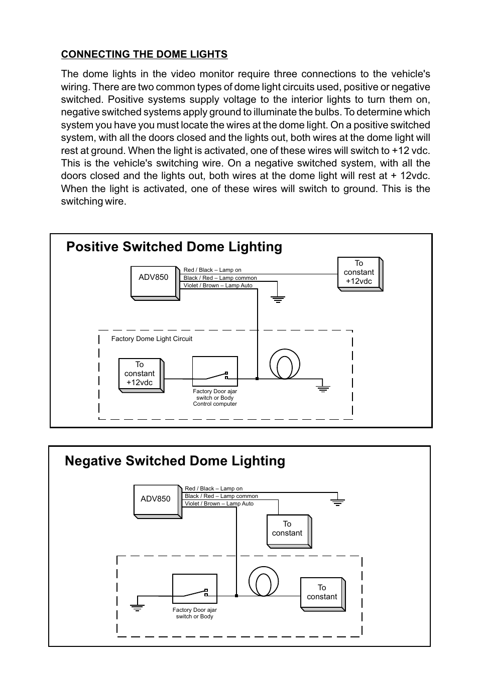 Negative switched dome lighting, Positive switched dome lighting | Audiovox VOD850 User Manual | Page 7 / 8