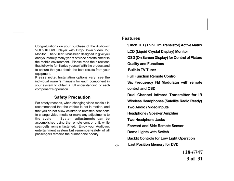 Audiovox VOD916 User Manual | Page 3 / 31