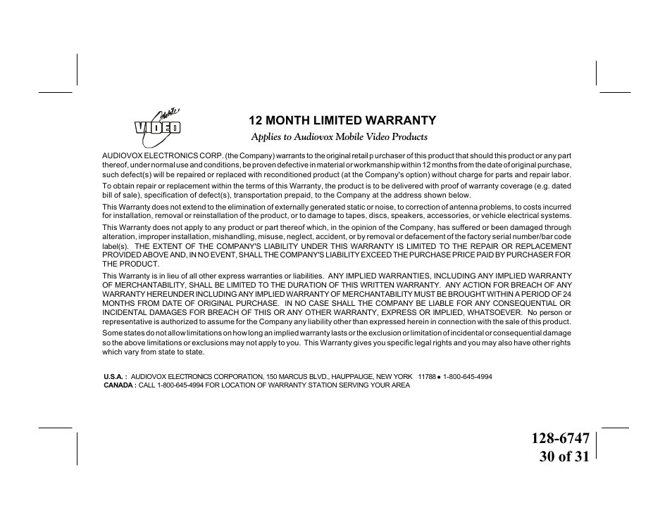 12 month limited warranty | Audiovox VOD916 User Manual | Page 30 / 31